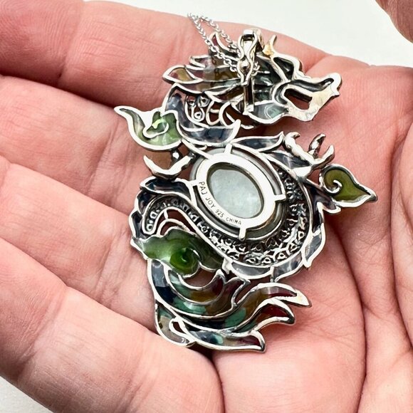 Jade of Yesteryear Womens Necklace Sterling Green Jade Dragon Plique a Jour - Picture 5 of 5